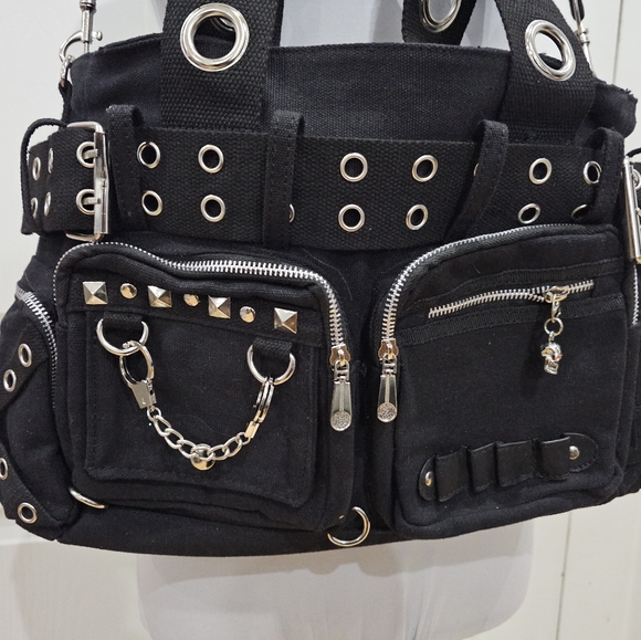 Y2K Style Punk Goth Voodoo Vixen Grommet O-Ring Black Silver Buckle Purse Bag - Picture 3 of 12
